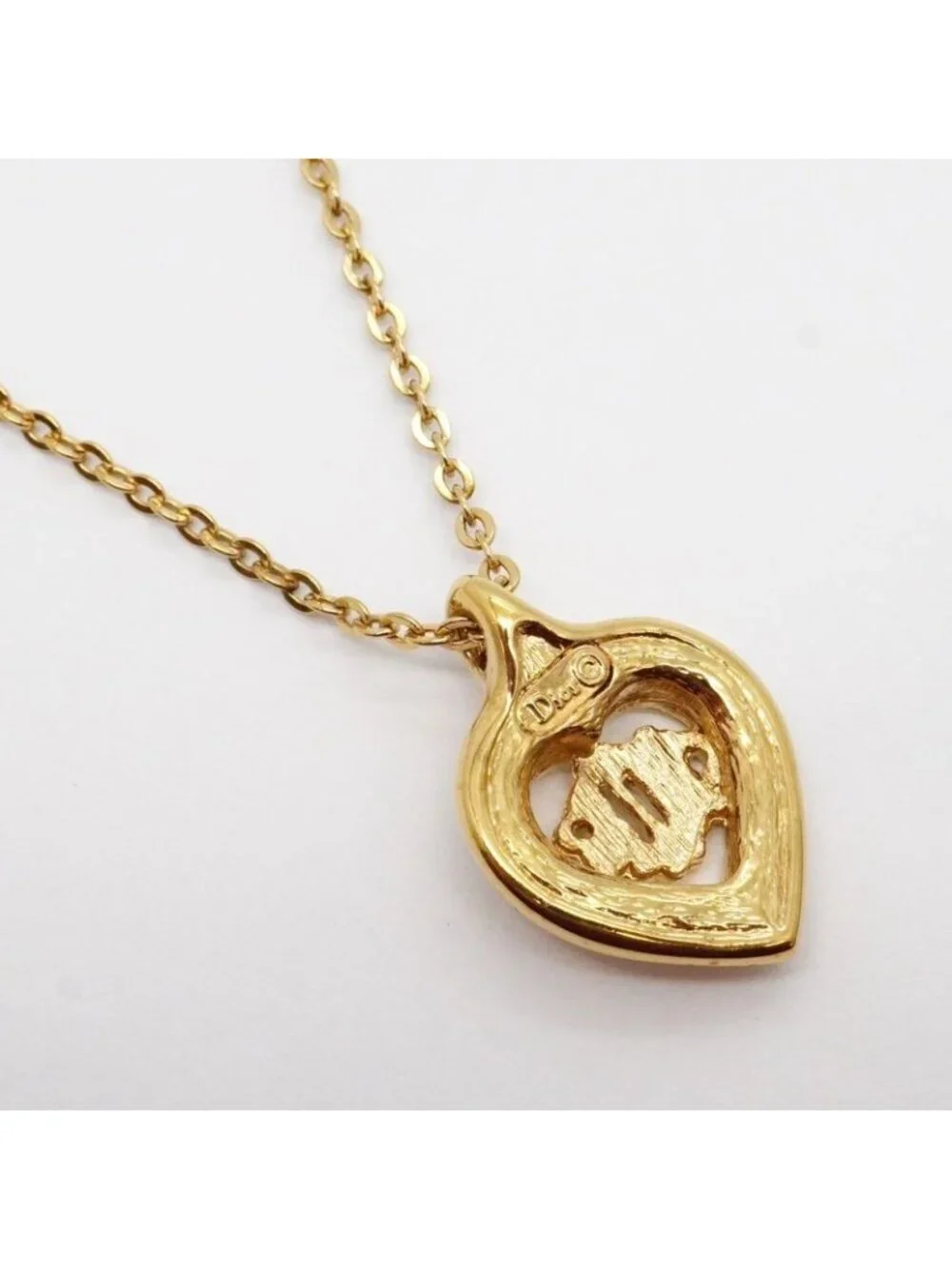 Dior Necklace Emblem Heart Motif Gold Plated Line Stone - Picture 2 of 8